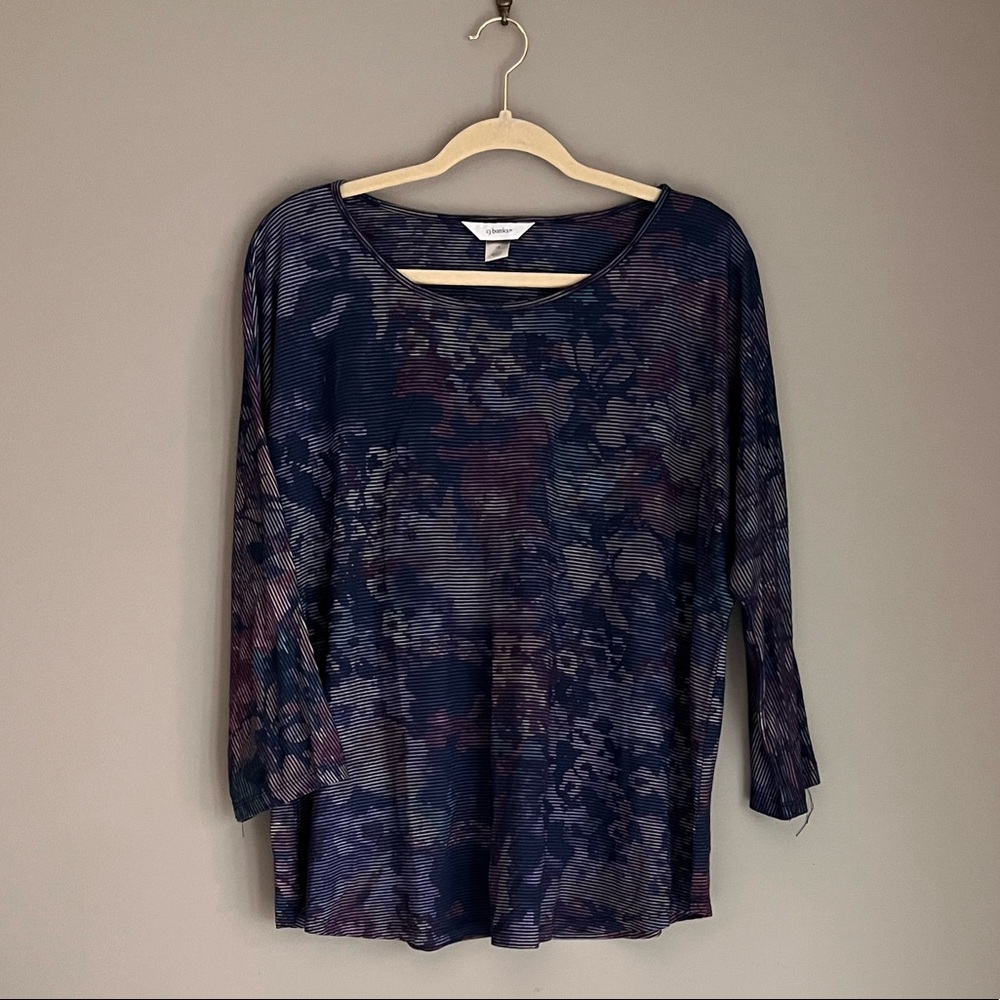 CJ Banks Striped Purple Blue Floral 3/4 Sleeve Blouse